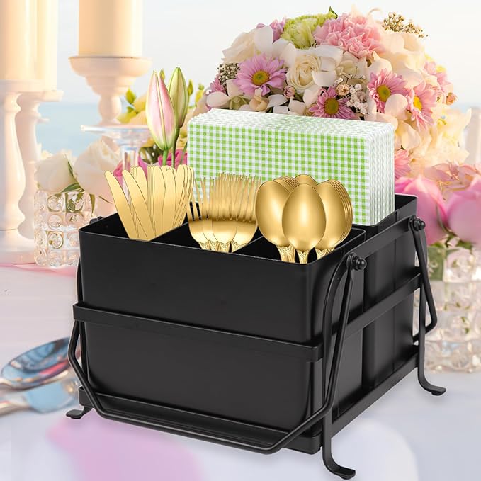 NelyBet Silverware Caddy Utensil Organizer With Handle, Outdoor Picnic and Camping Utensil Holder, Flatware Holder for Party Gatherings, Metal - Black