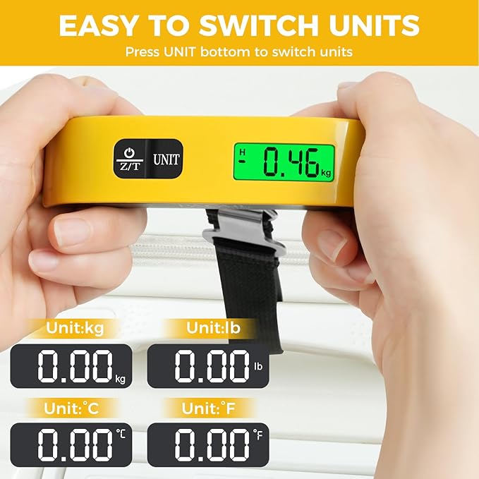 BAGAIL Digital Luggage Scale, 110lbs Hanging Baggage Scale with Backlit LCD Display,Portable Suitcase Weighing Scale,Travel Luggage Weight Scale with Hook,Strong Straps for Travelers(Yellow)