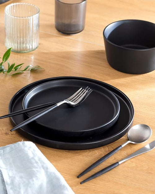16 Piece Black Dinnerware Set for 4, Stoneware Black Plates and Bowls Set