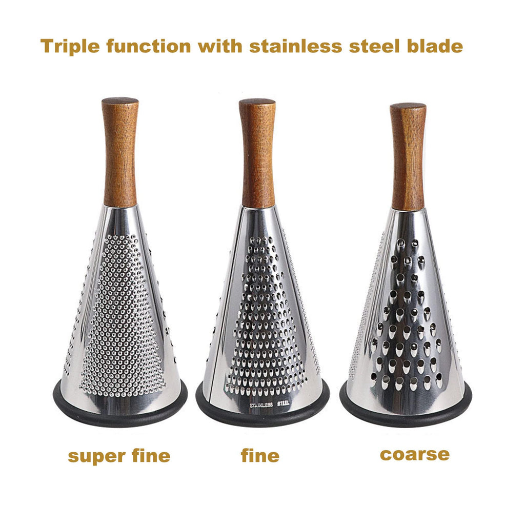 Cone Cheese Grater with Handle - Stainless Steel Triple Function Wood Handle Parmesan Shaver Non-Slip Rubber Bottom Hand Held Multifunction Vegetables Cheese Grater with container (M: 9.4" X 4.3")