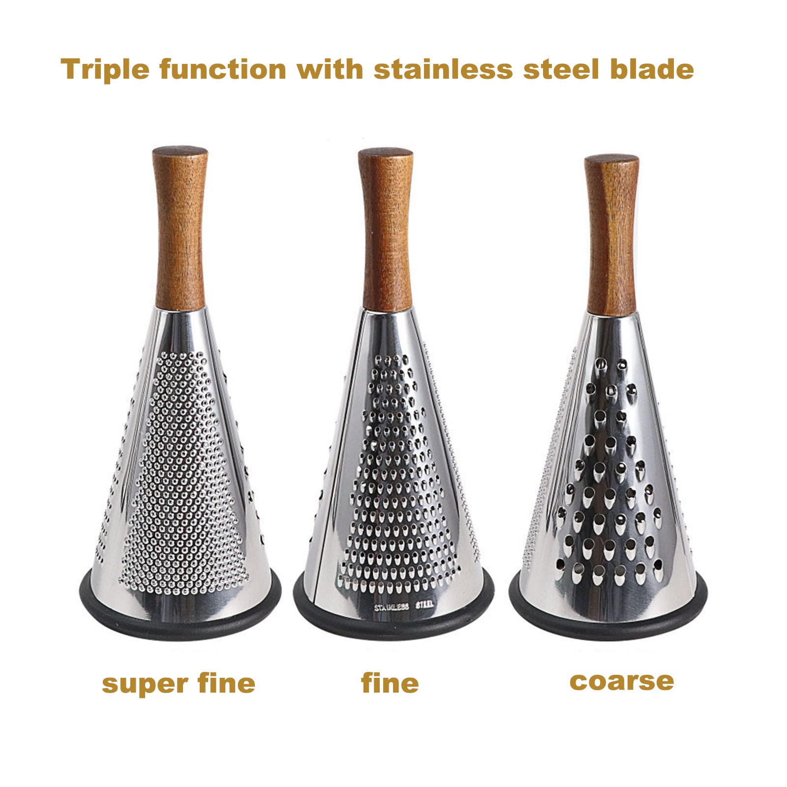 Cone Cheese Grater with Handle - Stainless Steel Triple Function Wood Handle Parmesan Shaver Non-Slip Rubber Bottom Hand Held Multifunction Vegetables Cheese Grater with container (M: 9.4" X 4.3")