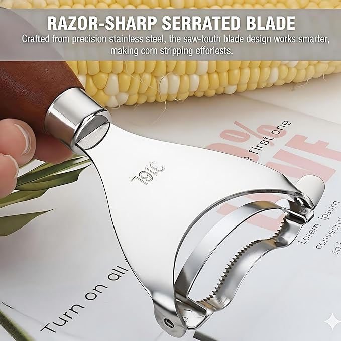 Phmnkl Corn Kernel Remover, 1-Second Stainless Steel Corn Stripper with Walnut Handle, Dishwasher Safe Kitchen Tool for Salad Salsa Popcorn, BBQ Prep Gadget, Farmhouse Kitchen Gift