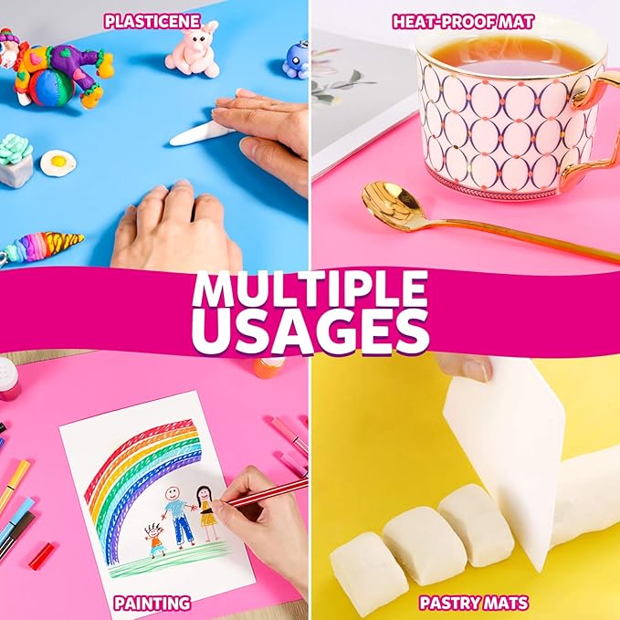 LEOBRO Silicone Mat, 3 PCS Silicone Mats for Crafts, Resin Molds, Play Dough Mat, Placemat, Clay Mats, for Epoxy Resin, Crafts, Yellow & Hot Pink & Blue, 15.7”x 11.7