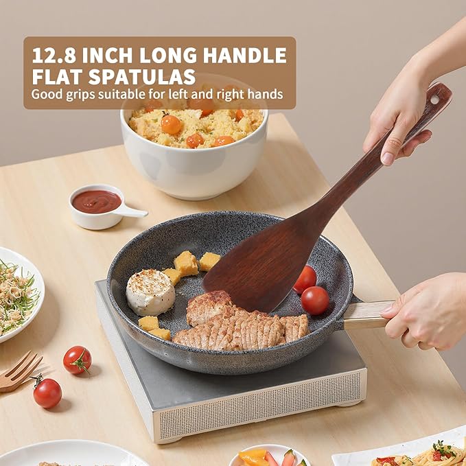 Wooden Spatula for Cooking, Long Handle Flat Spatulas for Frying Pan, Left and Right Hand Wood Turner for Cooking Kitchen Utensils