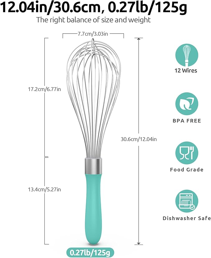 U-Taste Wire Whisk for Cooking, 18/10 Stainless Steel Wisk, L/Aqua Sky