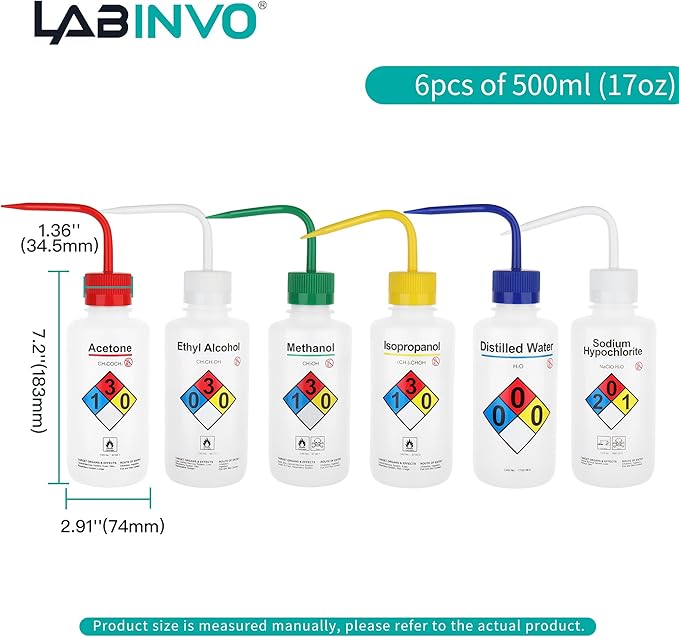 LABINVO Safety Wash Bottles, Vol.500ml, 6PCS of Lab Rinse Squeeze Bottles, Printed Acetone, Ethyl Alcohol, Methanol, Isopropanol, Distilled Water, Sodium Hypochloride, LDPE Material, IN-WBS001
