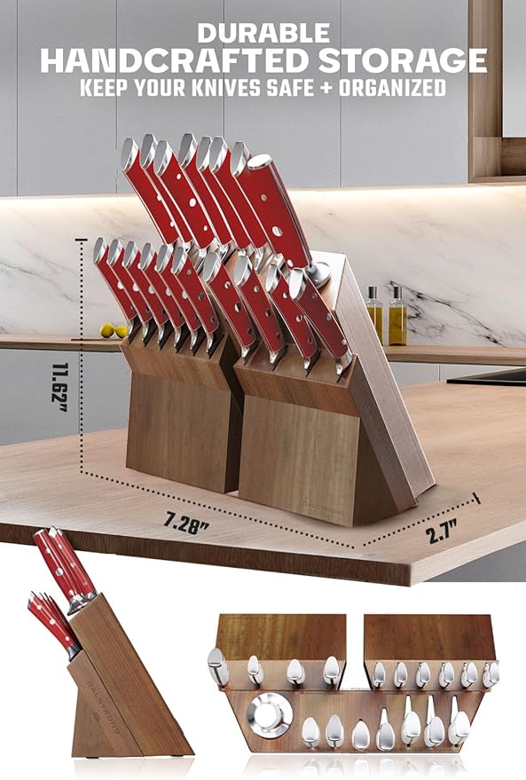 Dalstrong 18-Piece Gladiator Colossal Knife Block Set (Red Handles) — German High-Carbon Steel, Full-Tang, Hand-Sharpened — For Home Chefs, Wedding Registries & Serious Kitchens — Acacia Block, NSF