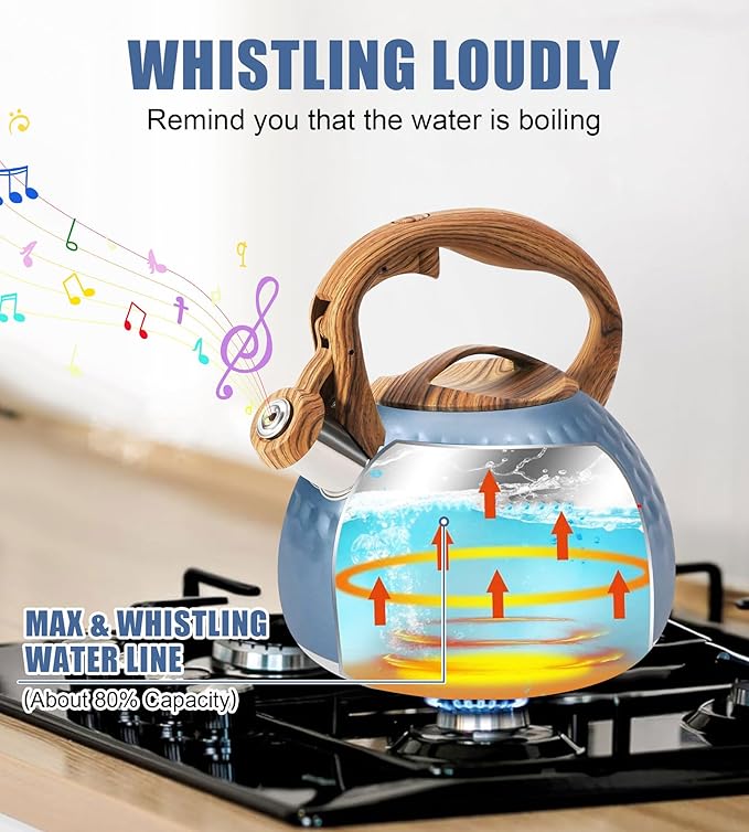 Foedo 3.2Qt Stainless Steel Whistling Tea Kettle Stovetop, Blue