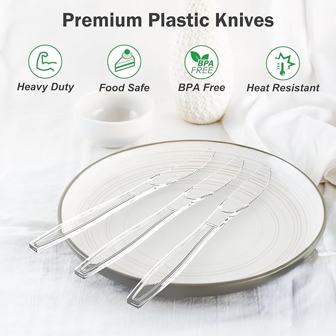 Dealusy 360 Count Extra Heavy Duty Clear Plastic Knives Disposable, BPA-Free, Heat Resistant, Solid and Durable Disposable Knives Bulk, Premium Plastic Knives heavy duty for Party Supply