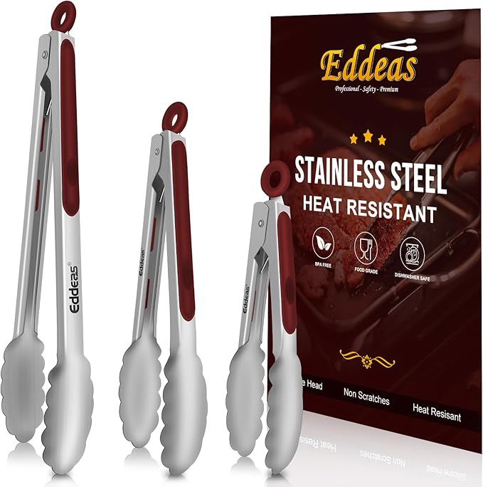 Eddeas Tongs For Cooking - 7",9" and 12 inch Kitchen Tong Heat Resistant 600 Degrees Stainless Steel Tongs, Heavy Duty Metal Locking Tong, Perfect for Food, BBQ Red Set of 3