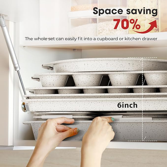 11-Piece Kitchen Nonstick Stackable Bakeware Set, Baking Pans Set, White