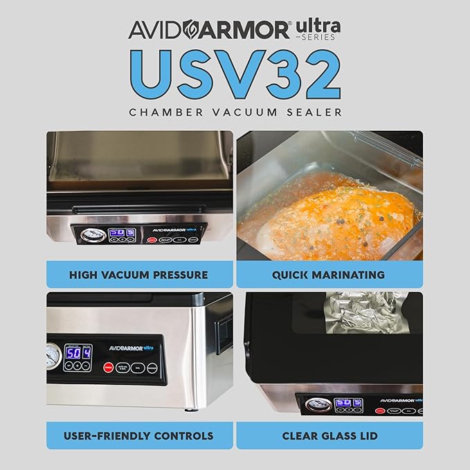 Avid Armor USV32 Chamber Vacuum Sealer Machine – 11.5" Sealing Bar, Glass Lid, Seal Meats, Soups, Sauces & Liquids, Marinate in Minutes, Sous Vide Ready, Accessory Hose Included, Stainless Steel