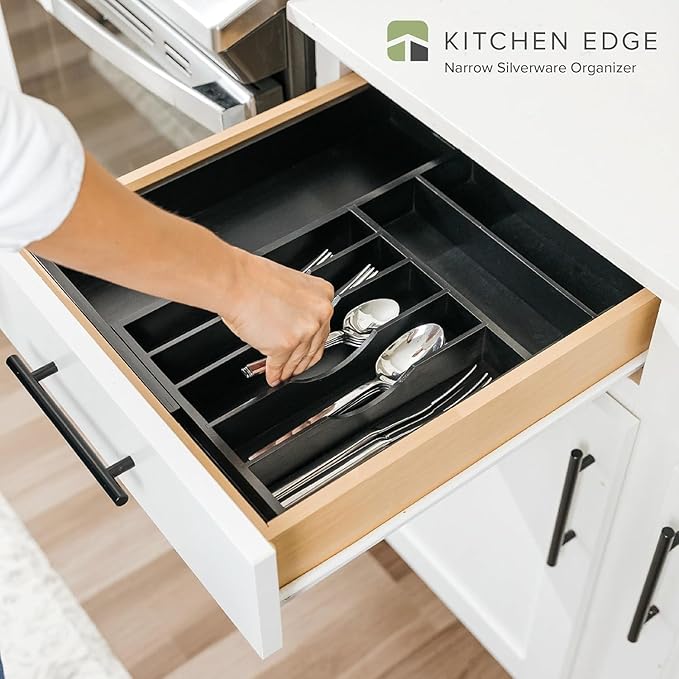 KitchenEdge Silverware & Utensil Drawer Organizer, 10.5-19 in, Black Bamboo