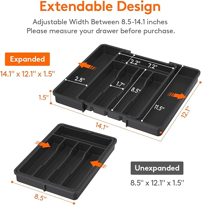 Lifewit Expandable Silverware Organizer, Plastic Utensil Tray for Kitchen Drawer, BPA Free Flatware Cutlery Holder, Space-Saving Storage for Spoons Forks Knives, 8-13.8 x 11.2 x 1.4 inch, Black
