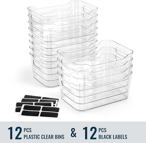 12 PACK Multiuse Clear Plastic Storage Bins for Organizing w/ Labels - Home, Kitchen, Bathroom, Office, Pantry Cabinet Shelf Organizer Bins - SOHO Collection, RV, Fridge Organization Containers
