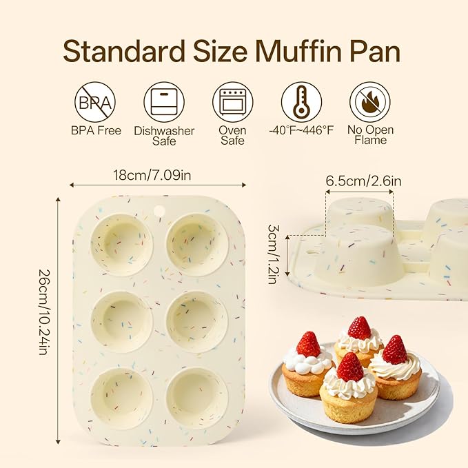 Firstfooby 2 Pack Silicone Muffin Pan for Baking, Regular Size Nonstick Cupcake Pan, 6-Cup Silicone Muffin Tin BPA Free Dishwasher Safe, Great for Muffin Cupcake Brownie Egg Tart