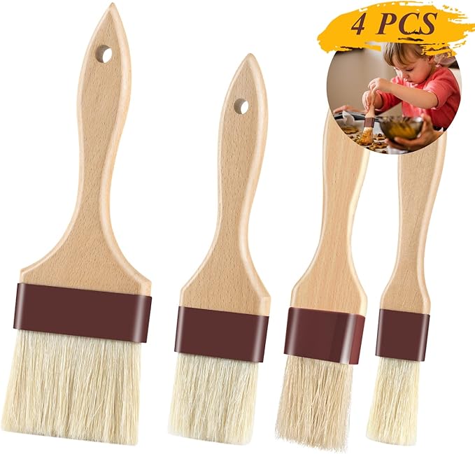 Pastry Brushes for Baking Basting Brush with Boar Bristles and Beech Hardwood Handles Culinary Oil Brush for Barbecue Butter Grill BBQ Sauce Baster Marinade Kitchen Food Cooking Brushes - 4PCS