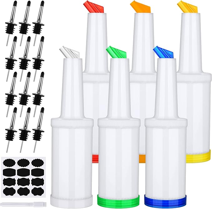 Ruisita 6 Pack 34 Oz Bar Juice Pour Bottles Plastic Bar Pour Bottles with 12 Stainless Steel Bottle Pourer Tapered Spout Fruit Juice and Liquor Containers for Bar Supplies, Multicolor