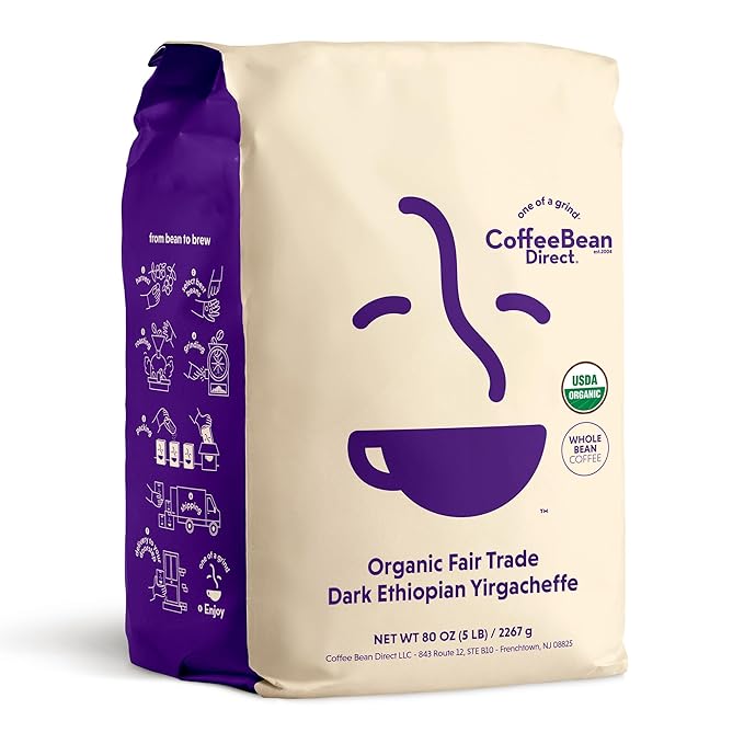 Coffee Bean Direct Organic Fair Trade Dark Ethiopian Yirgacheffe, 5lb Bag