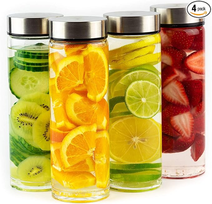 16oz Juice Bottles, Wide Mouth Glass Water Bottles & Stainless Steel Lids