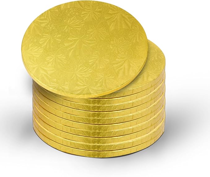 Bekoetoz 10-Pack Round Gold Cake Drum Board 12 Inch Sturdy 1/2 Inch Thick Full Wrap Edge Cake Base for Heavy Tiered Cakes(12" Gold)