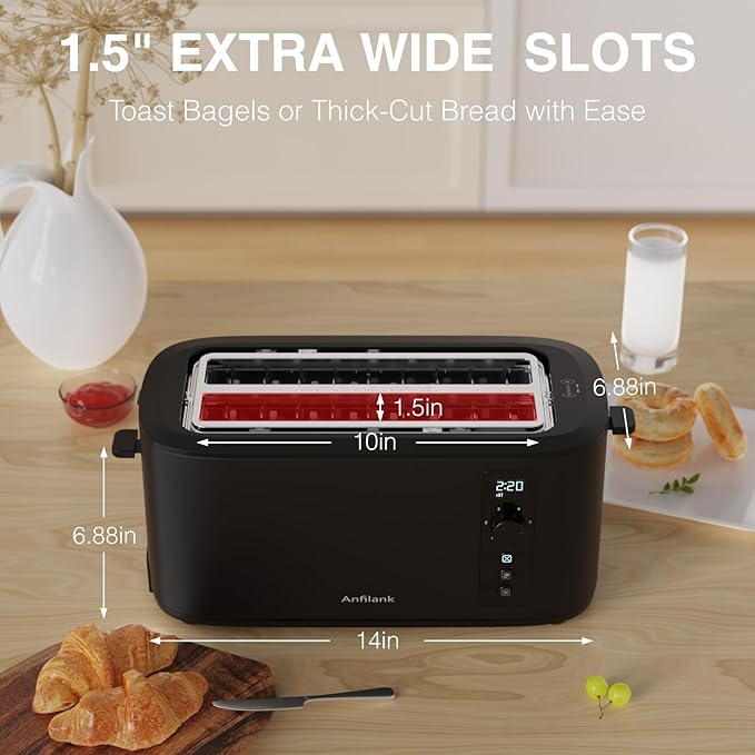 Anfilank Toaster 4 Slice Long Extra Wide Slot 1.5" with Countdown Timer, 6 Browning Settings, Built-in Warming Rack, Bagel/Cancel/Defrost Functions, Removable Crumb Tray-Matteblack