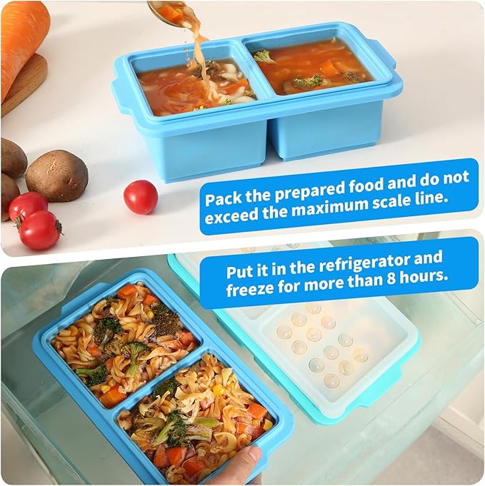 EuChoiz 2 Pack Silicone Freezer Tray Cubes 2 Cup with Date Mark Lids for Freezing Food Leftovers Sauces Portion and Lasagna Broth, Soup Freezer Molds for Meal Prepping Thick Enough
