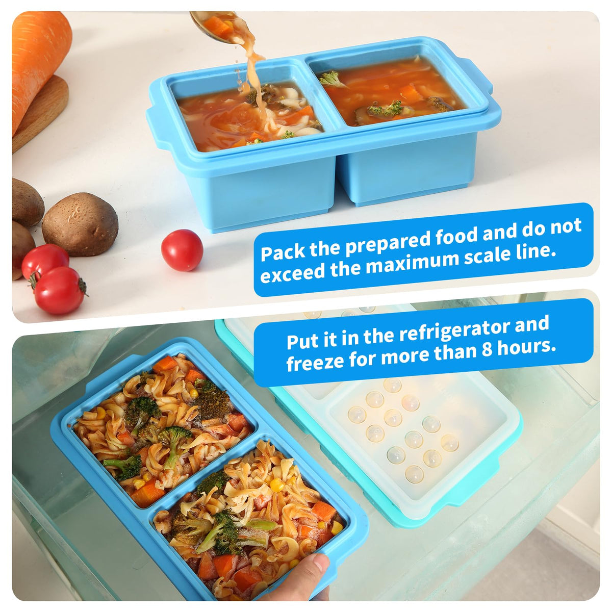 EuChoiz 2 Pack Silicone Freezer Tray Cubes 2 Cup with Date Mark Lids for Freezing Food Leftovers Sauces Portion and Lasagna Broth, Soup Freezer Molds for Meal Prepping Thick Enough