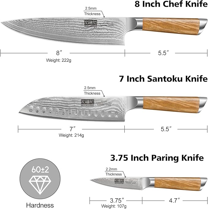 HOSHANHO Damascus Kitchen Knife Set 3PCS, Sharp Chef/Santoku/Fruit Knives