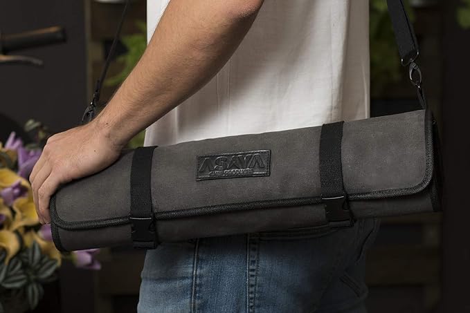 Asaya Waxed Canvas Chef Knife Roll Bag with 10 Slots and a Zipper Pocket - Professional Chef Knife Bag & Storage Case, with Shoulder Strap - Knives Not Included (Grey)