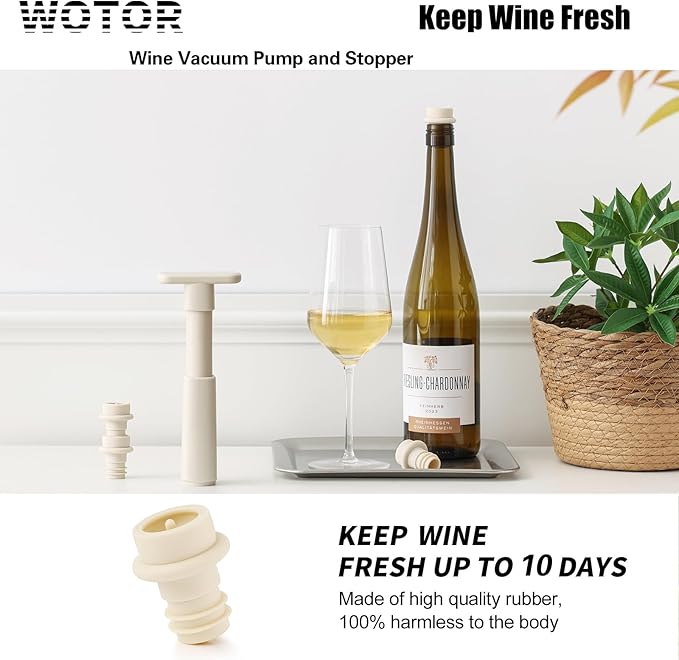 WOTOR Wine Saver Vacuum Pump with 20 Stoppers, Wine Stopper & Preserver, Reusable Bottle Sealer Keeps Fresh, Ideal Accessories Gift, Flat Handle (Cream)