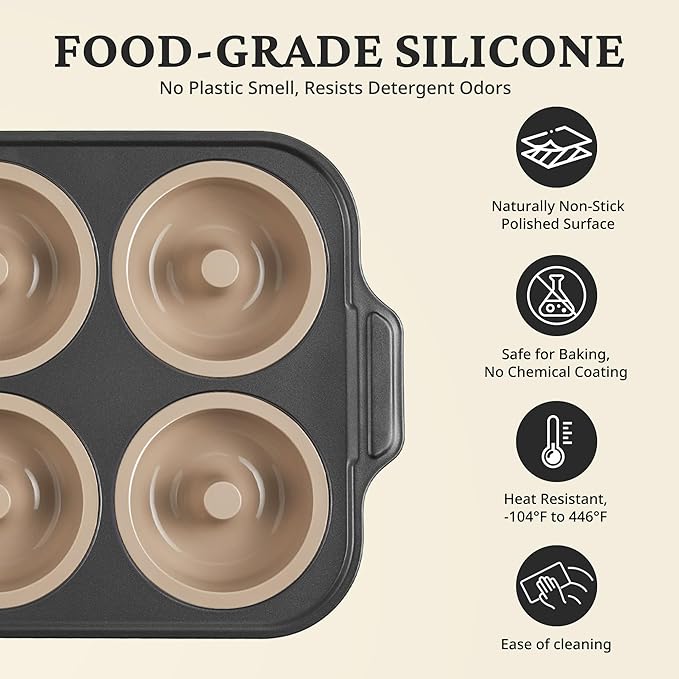 BRONYPRO Silicone Donut Pan for Baking with Metal Reinforced Frame, 6-Cavity Nonstick Doughnut Mold, Large Donut Size, Food-Grade Bakeware, Oven Dishwasher Freezer Safe, Gray
