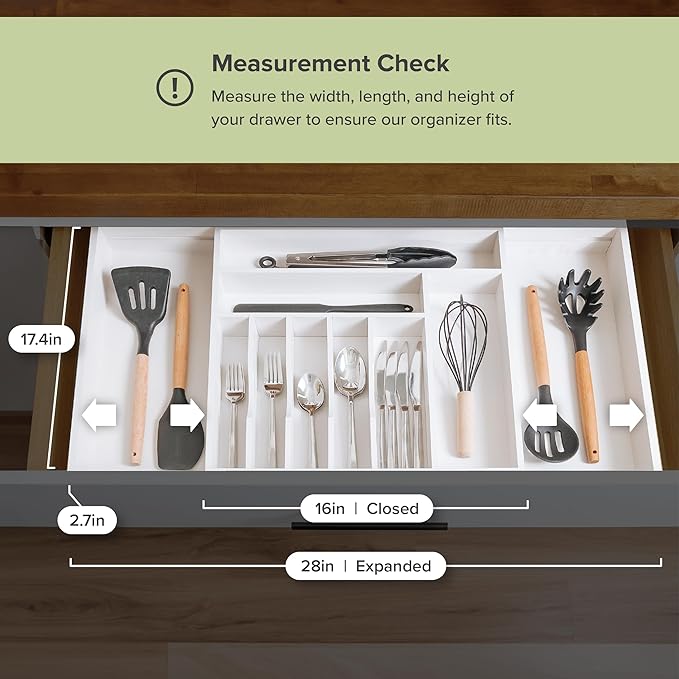 KitchenEdge Silverware & Utensil Drawer Organizer, 16-28 in, White Bamboo