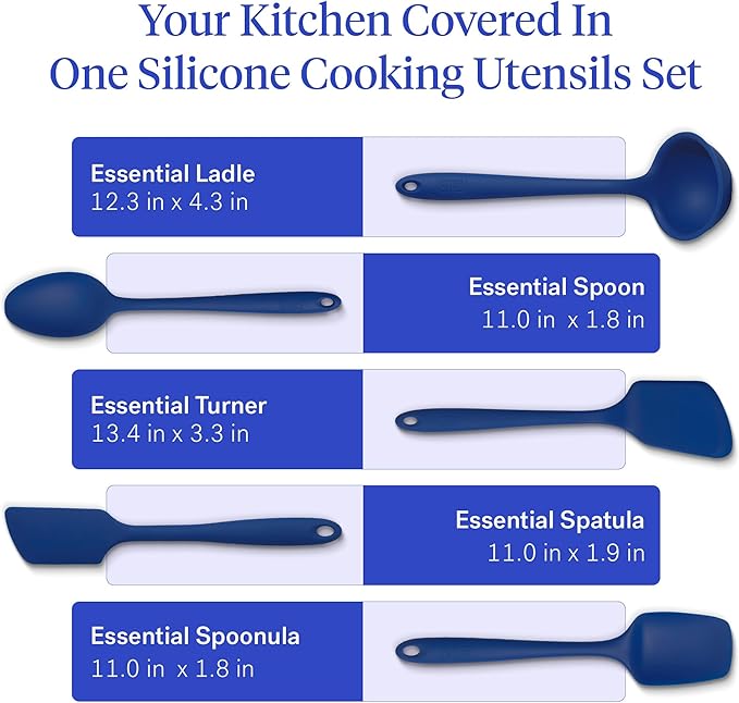 GIR 5-Piece Silicone Kitchen Utensils Set, Non-Toxic Cooking Utensils for Cooking and Baking, Heat Resistant, Food Grade, Dishwasher Safe Rubber Spatula, Ladle, Spoon - Royal Blue