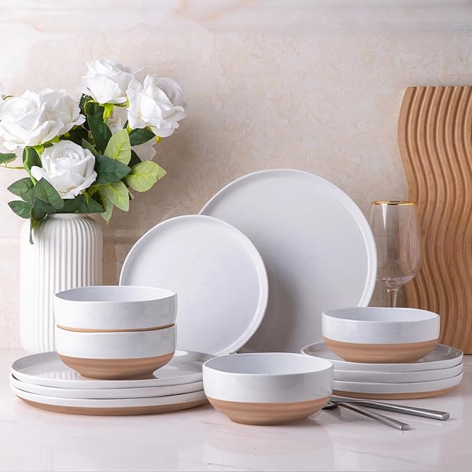 AmorArc Dinnerware Sets for 6, 18 Pieces Ceramic Plates and Bowls Set