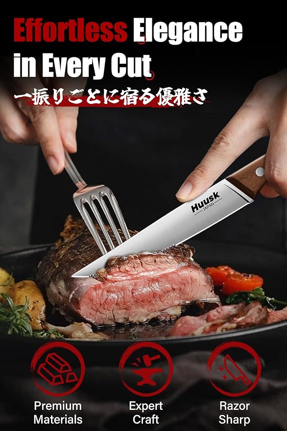 Huusk Steak Knives Set of 6 with Wood Block, Serrated & Straight Dual-Edge