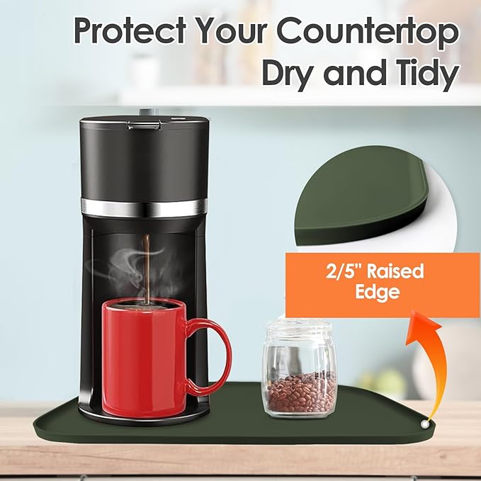 Silicone Coffee Maker Mat with Lip for Countertops, 24'' x 16'' Dark Green