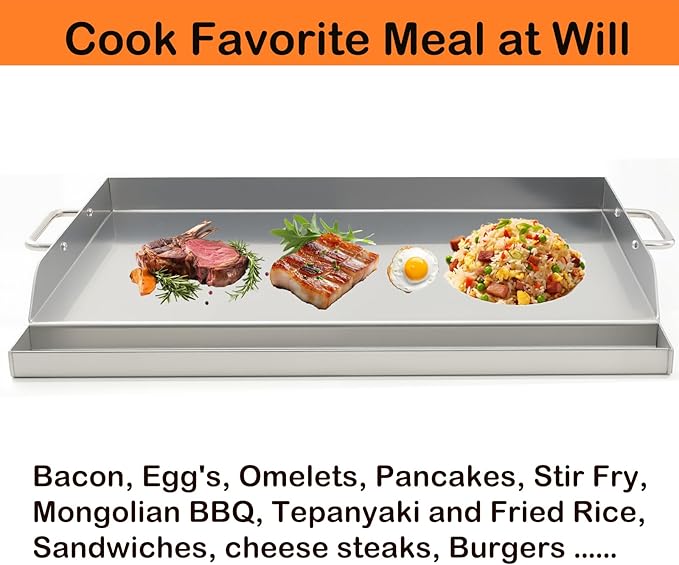 DEWOSEN Universal Stainless Steel Griddle Flat Top Plate Grill-Top Griddle Pan with Even Heating Cross Bracing for BBQ Charcoal/Gas Grills, Camping, Tailgating, and Parties (23"*16")