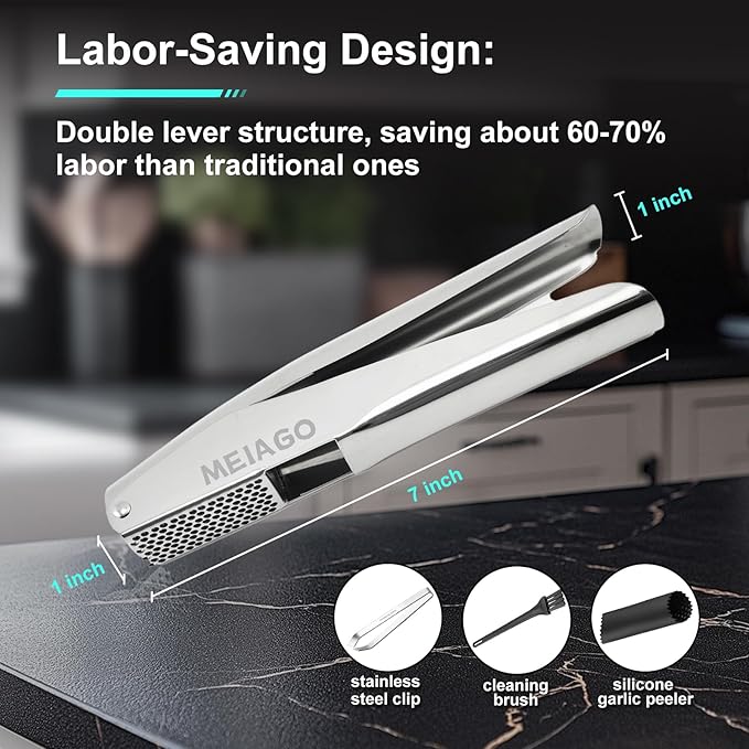 MEIAGO Garlic Press, Stainless Steel Garlic & Ginger Crusher, with Built-In Cleaner, Rust Resistant, No Peel, Large Capacity, Easy Clean，Dishwasher Safe，Silver