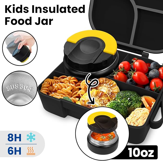 Lunch Box with Thermo Jar, Large-Capacity 3-Compartment Bento Box, Black