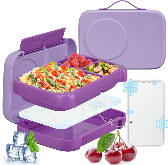 JXXM Bento Box for Kids,Kids Bento Lunch Box with Built-in Ice Pack for School,3 Compartments Leak Proof Lunch Container with Utensils for Girl Boy;BPA Free,Microwave & Dishwasher Safe, 44oz(Purple)