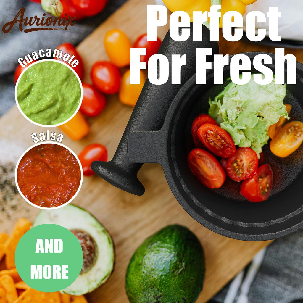 Aurionix Cast Iron Mortar and Pestle Set with Grater Plate, Brush and Spoon