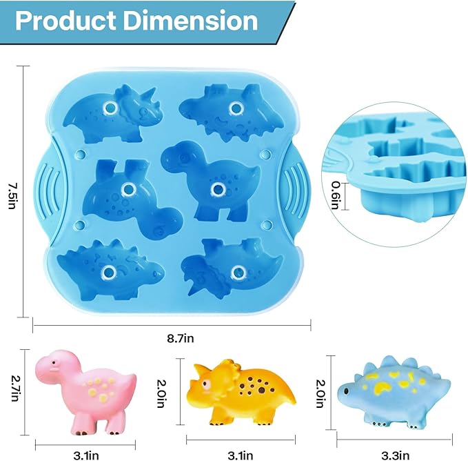 2-Pack Silicone Dinosaur Molds with Lids, Multi-Purpose Jello Molds for Kids, Dinosaur Silicone Mold for Chocolate, Baking & Crafting Tool for Cake, Candy, Jello, Ice Cubes - Blue