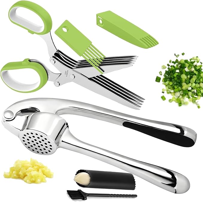 Garlic Press Stainless Steel, 2 in 1 Garlic Mincer & Herb Scissors, Dishwasher Safe Garlic Crusher, Rust Proof Garlic Smasher and Mincer Tool with Peeler and Brush for Kitchen
