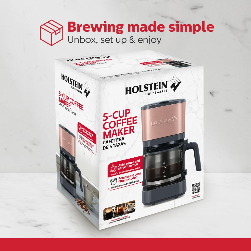 Holstein Housewares 5 Cup Coffee Maker – Compact Drip Coffee Machine with Auto Pause & Serve, Reusable Filter, Glass Carafe, Water Window & Warming Plate. Dark Grey & Rose Gold