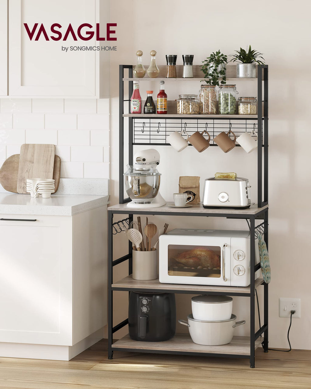 VASAGLE Bakers Rack with Power Outlet, Microwave Stand, Kitchen Tall Utility Storage Shelf, with Metal Wire Panel, 14 Hooks, 15.7 x 31.5 x 66.9 Inches, Heather Greige and Ink Black UKKS025B02