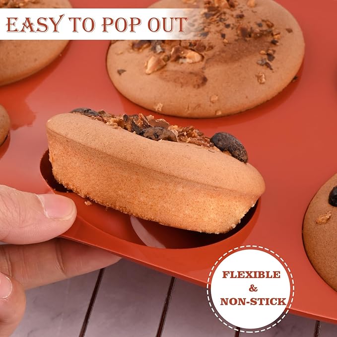 Sakolla 3 Pack Muffin Top Pans, 6 Cavities Silicone Egg Molds for Breakfast Sandwiches, Whoopie Pies, Hamburger Bun, English Muffins, Tarts, Corn Bread (Brick Red)