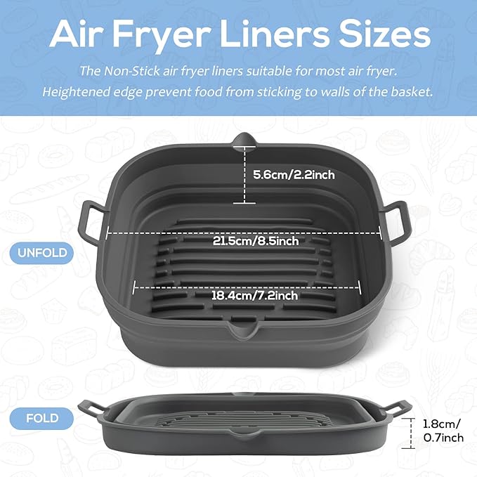Loveuing Silicone Air Fryer Liners Square - Reusable Airfryer Collapsible Basket - Easy to Clean Air Fryers Pot for 5.8 to 8 Qt Baking Tray Oven Accessories, 8.5 Inch Large