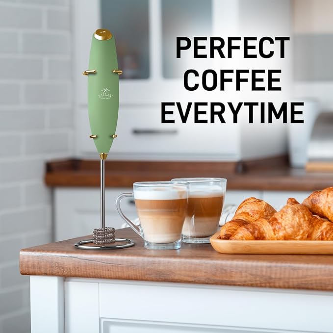 Zulay Kitchen Powerful Milk Frother Wand With Duracell Batteries - Ultra Fast Handheld Drink Mixer - Electric Whisk Foam Maker for Coffee, Lattes, Cappuccino & Matcha - Triple Whisk - Olive Gold