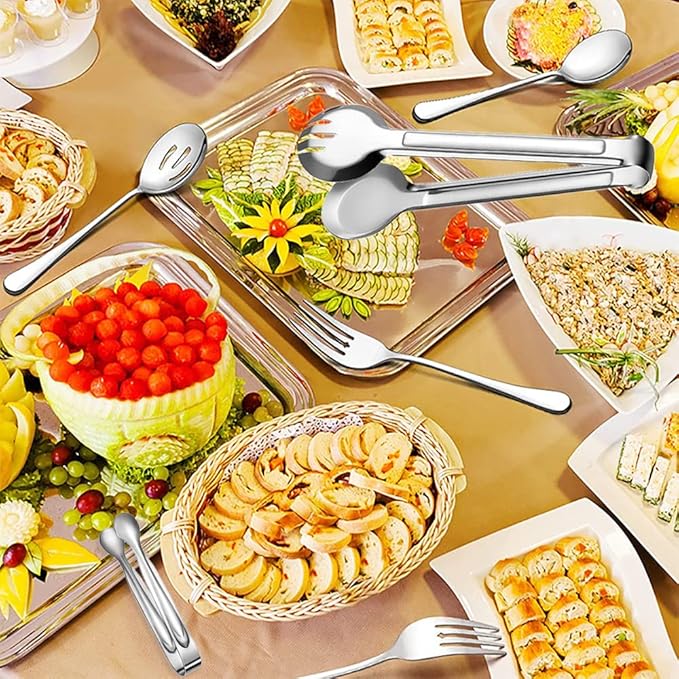 IAXSEE 10 PCS Stainless Steel Serving Utensils, Large Serving Spoons Slotted Spoons, Serving Forks, Serving Tongs, Ice Suger Tongs, Metal Utensils Set Great for Buffet Catering Banquet Party (silver)